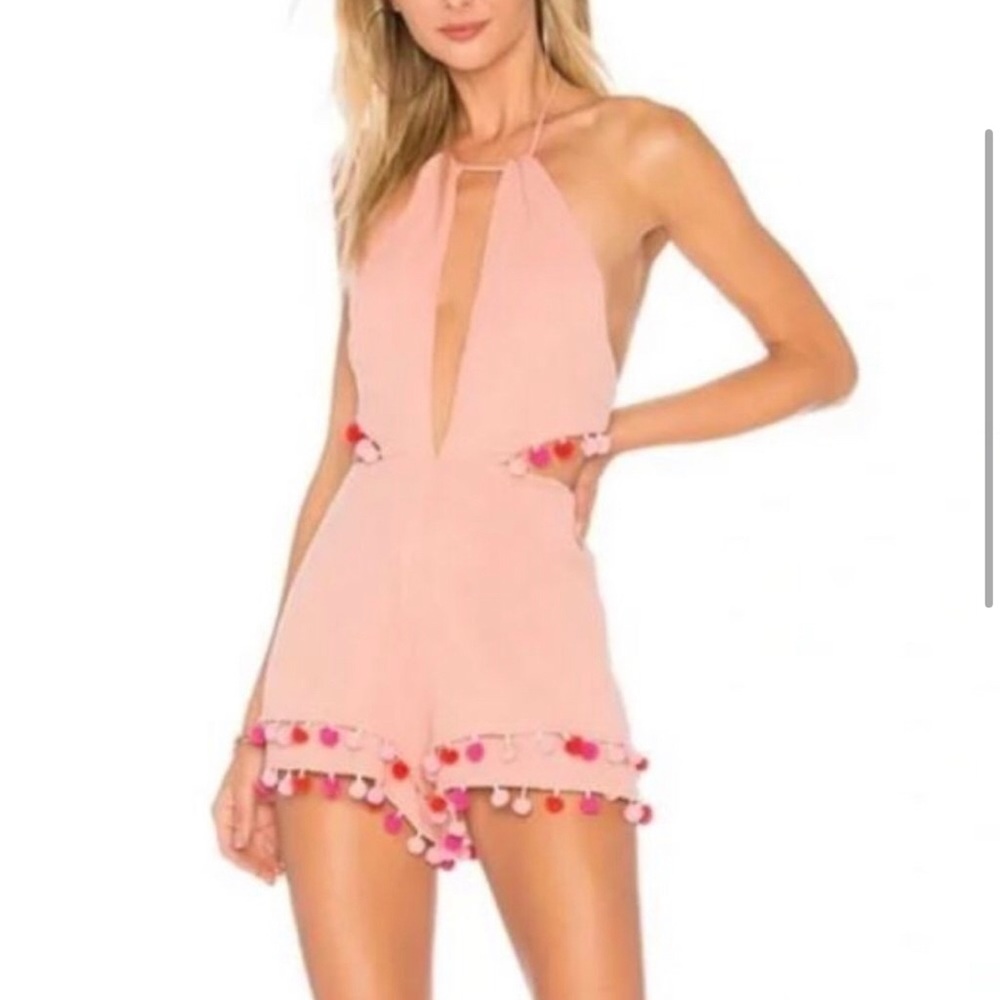 Revolve Majorelle Pink Pom Pom Trim Low Cut Out Halter Romper Shorts Small